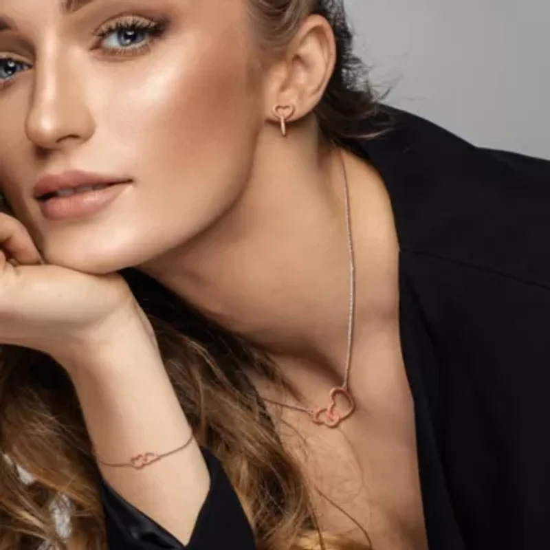 3 Piece Set of Double Heart Charm Necklace, Earrings & Bracelet in Rose & White Plated Sterling Silver, 16.5"+1" Ext. & 7"+1" Ext.