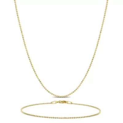 2 Piece Set of 1mm Ball Chain Necklace & Bracelet in Yellow Plated Sterling Silver, 18" & 7.5"