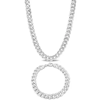 2 Piece Set of Men's 10mm Curb Link Chain Necklace & Bracelet in Sterling Silver, 24" & 9"