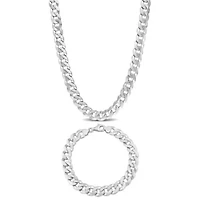 2 Piece Set of Men's 10mm Curb Link Chain Necklace & Bracelet in Sterling Silver, 24" & 9"