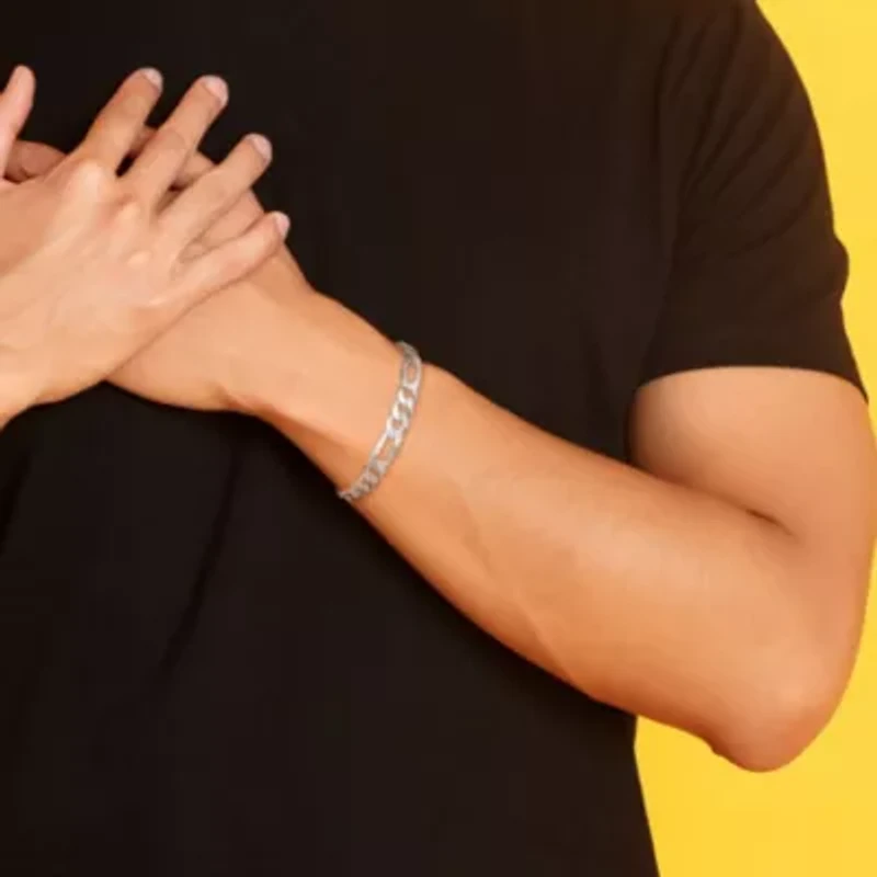 2 Piece Set of Men's 8.9mm Flat Figaro Chain Necklace & Bracelet in Sterling Silver, 22" & 9"