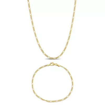 2 Piece Set of 2.2mm Figaro Chain Bracelet & Necklace in Yellow Plated Sterling Silver, 20" & 7.5"
