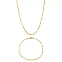 2 Piece Set of 2.2mm Figaro Chain Bracelet & Necklace in Yellow Plated Sterling Silver, 20" & 7.5"