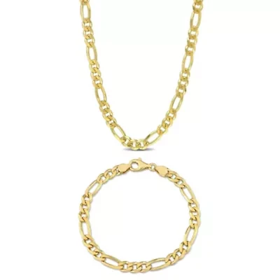 2 Piece Set of 5.5mm Figaro Chain Necklace & Bracelet in Yellow Plated Sterling Silver, 20" & 7.5"