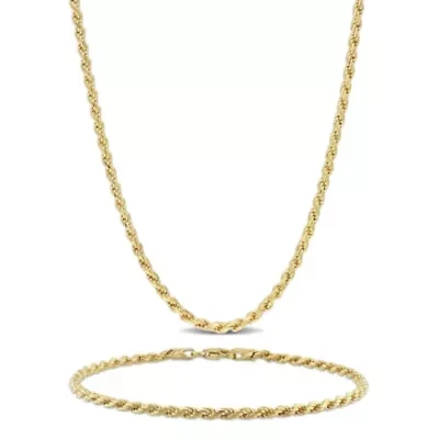 2 Piece Set of 2.2mm Rope Chain Necklace & Bracelet in Yellow Plated Sterling Silver, 20" & 7.5"