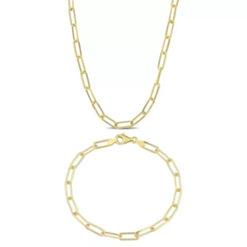 2 Piece Set of Men's 5mm Paperclip Chain Necklace & Bracelet in Yellow Plated Sterling Silver, 24" & 9"