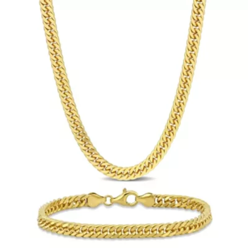2 Piece Set of 5.5mm Double Curb Link Chain Necklace & Anklet in Yellow Plated Sterling Silver, 18" & 9"