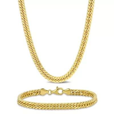 2 Piece Set of 5.5mm Double Curb Link Chain Necklace & Anklet in Yellow Plated Sterling Silver, 18" & 9"