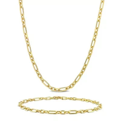 2 Piece Set of 3mm Diamond Cut Figaro Chain Necklace & Anklet in Yellow Plated Sterling Silver, 18" & 9"