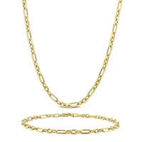 2 Piece Set of 3mm Diamond Cut Figaro Chain Necklace & Anklet in Yellow Plated Sterling Silver, 18" & 9"