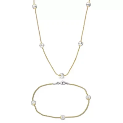 2 Piece Set of 6mm Ball Station Chain Necklace & Bracelet in Yellow & White Plated Sterling Silver, 16" & 7.5"