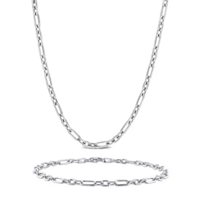 2 Piece Set of Men's 3mm Figaro Rolo Necklace & Bracelet in Sterling Silver, 20" & 9"