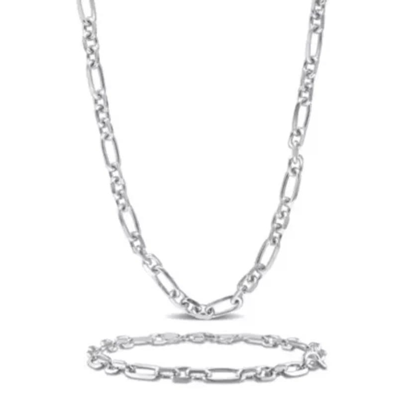 2 Piece Set of 6mm Figaro Chain Necklace & Bracelet in Sterling Silver, 24" & 9"