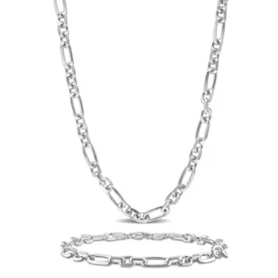 2 Piece Set of 6mm Figaro Chain Necklace & Bracelet in Sterling Silver, 24" & 9"