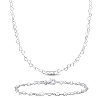 2 Piece Set of 3mm Heart Link Necklace & Bracelet in Sterling Silver