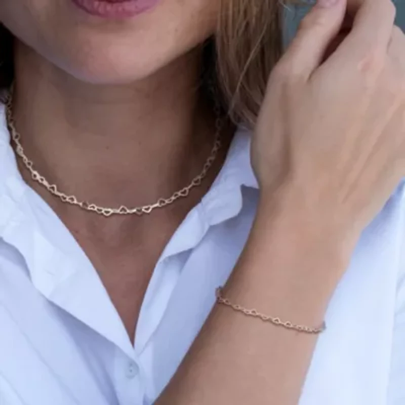 2 Piece Set of 3mm Heart Link Necklace & Bracelet in Sterling Silver