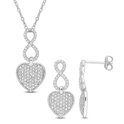 2 Piece Set of Diamond Heart Infinity Pendant with Chain & Earrings in Sterling Silver, 18"