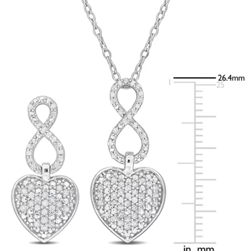 2 Piece Set of Diamond Heart Infinity Pendant with Chain & Earrings in Sterling Silver, 18"