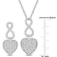 2 Piece Set of Diamond Heart Infinity Pendant with Chain & Earrings in Sterling Silver, 18"