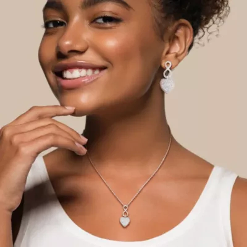 2 Piece Set of Diamond Heart Infinity Pendant with Chain & Earrings in Sterling Silver, 18"