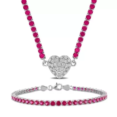 Lab Created 2 Piece Set of Created Ruby & White Sapphire Tennis Bracelet & Heart Necklace in Sterling Silver 7.25" & 17"