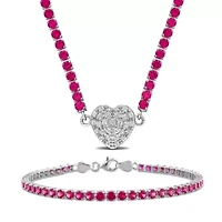 Lab Created 2 Piece Set of Created Ruby & White Sapphire Tennis Bracelet & Heart Necklace in Sterling Silver 7.25" & 17"