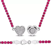 Lab Created 2 Piece Set of Created Ruby & White Sapphire Tennis Bracelet & Heart Necklace in Sterling Silver 7.25" & 17"
