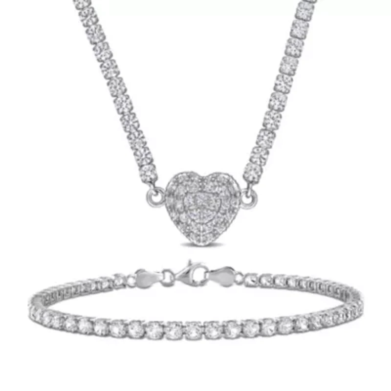 Lab Created 2 Piece Set of Created White Sapphire Tennis Bracelet & Heart Necklace in Sterling Silver, 7.25" & 17"