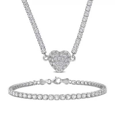 Lab Created 2 Piece Set of Created White Sapphire Tennis Bracelet & Heart Necklace in Sterling Silver, 7.25" & 17"