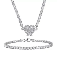 Lab Created 2 Piece Set of Created White Sapphire Tennis Bracelet & Heart Necklace in Sterling Silver, 7.25" & 17"