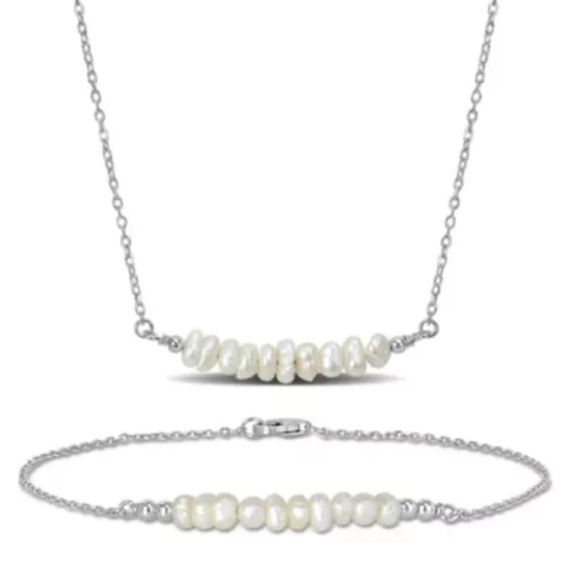 2 Piece Set of 7.5-9mm Freshwater Cultured Pearl Bolo Bar Bracelet & Bar Necklace in Sterling Silver, 19" & 8.5"