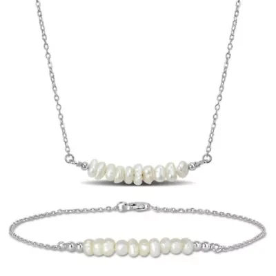 2 Piece Set of 7.5-9mm Freshwater Cultured Pearl Bolo Bar Bracelet & Bar Necklace in Sterling Silver, 19" & 8.5"