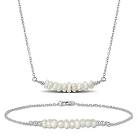 2 Piece Set of 7.5-9mm Freshwater Cultured Pearl Bolo Bar Bracelet & Bar Necklace in Sterling Silver, 19" & 8.5"