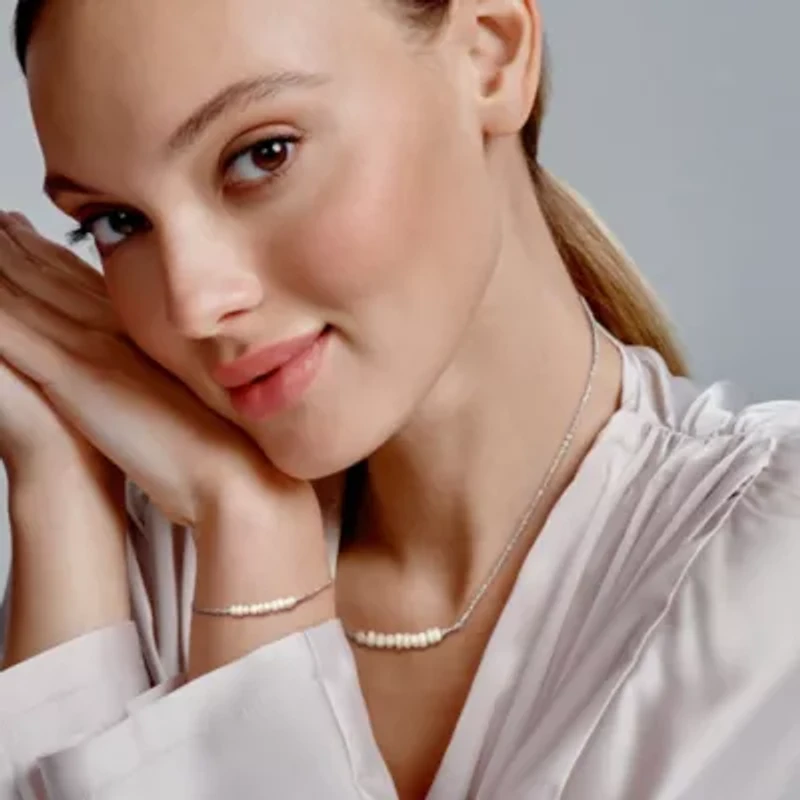 2 Piece Set of 7.5-9mm Freshwater Cultured Pearl Bolo Bar Bracelet & Bar Necklace in Sterling Silver, 19" & 8.5"