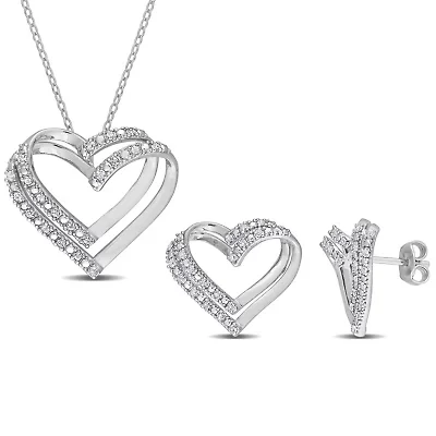 2 Piece Set of Diamond Stud Earrings & Pendant With Chain in Sterling Silver, 18"