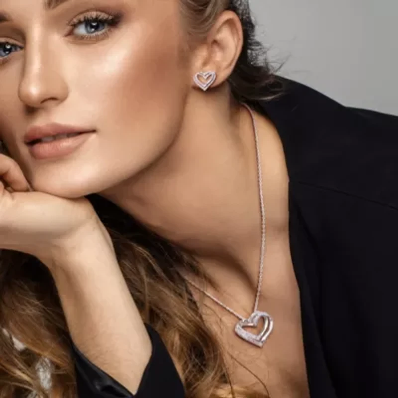 2 Piece Set of Diamond Stud Earrings & Pendant With Chain in Sterling Silver, 18"