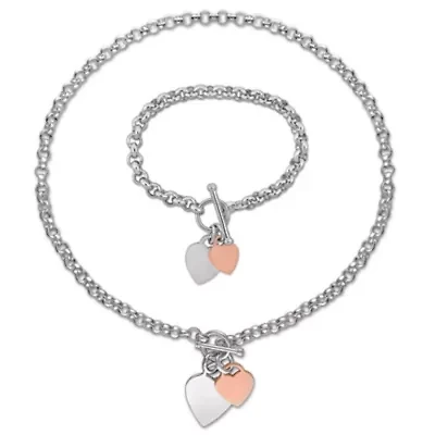 2 Piece Set of Charm Necklace & Bracelet in Rose and White Plated Sterling Silver, 18" & 7.5"