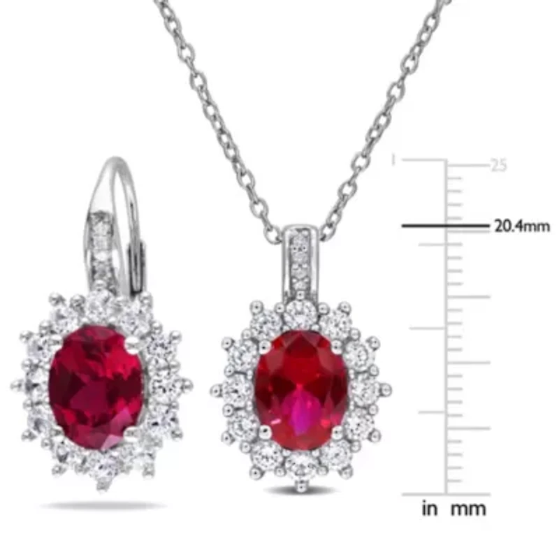 Lab Created 2 Piece Set of Created Ruby, White Sapphire, & Diamond Accent Earrings & Halo Pendant in in Sterling Silver, 18"