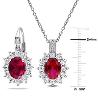 Lab Created 2 Piece Set of Created Ruby, White Sapphire, & Diamond Accent Earrings & Halo Pendant in in Sterling Silver, 18"