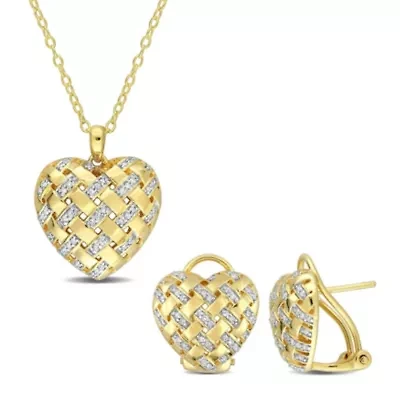 2 Piece Set of Diamond Lattice Heart Omega Back Earrings & Pendant with Chain in Yellow Plated Sterling Silver