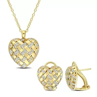 2 Piece Set of Diamond Lattice Heart Omega Back Earrings & Pendant with Chain in Yellow Plated Sterling Silver