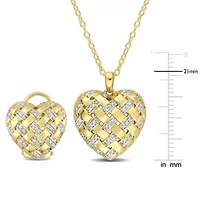 2 Piece Set of Diamond Lattice Heart Omega Back Earrings & Pendant with Chain in Yellow Plated Sterling Silver