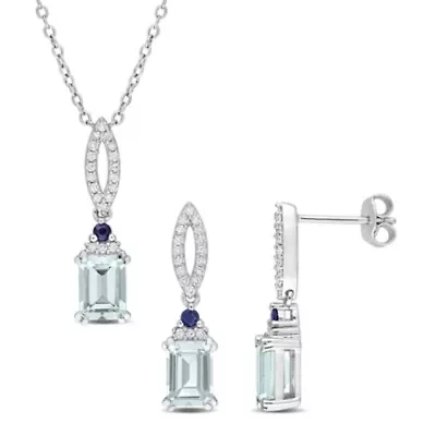 2 Piece Set of Aquamarine, Blue Sapphire & 1/3ct. t.w. Diamond Earrings & Necklace in Sterling Silver