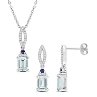 2 Piece Set of Aquamarine, Blue Sapphire & 1/3ct. t.w. Diamond Earrings & Necklace in Sterling Silver