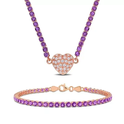 Lab Created 2 Piece Set of Amethyst, African Amethyst & Created White Sapphire Tennis Necklace & Bracelet in Rose Plated Sterling Silver 17" & 7.25"