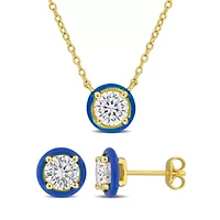 Lab Created 2 Piece Set of Created White Moissanite & Blue Enamel, Solitaire Earrings & Necklace in Yellow Plated Sterling Silver, 17"