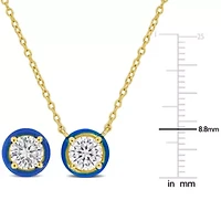 Lab Created 2 Piece Set of Created White Moissanite & Blue Enamel, Solitaire Earrings & Necklace in Yellow Plated Sterling Silver, 17"