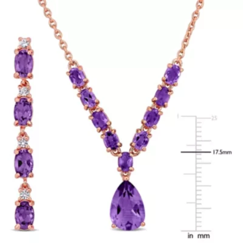 2 Piece Set of Amethyst & White Topaz, Drop Earrings & Necklace in Rose Plated Sterling Silver, 18"+2"Ext.