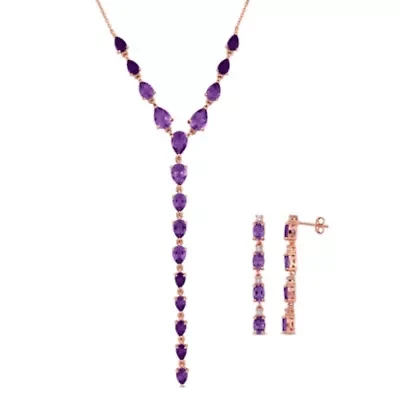 2 Piece Set of Amethyst & White Topaz Earrings & Necklace in Rose Plated Sterling Silver, 20"