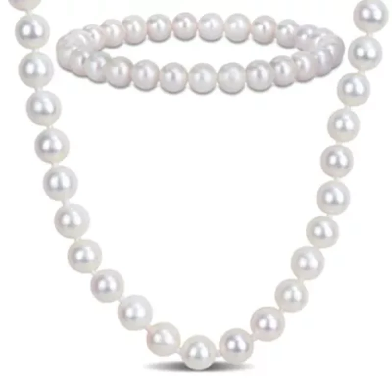 2 Piece Set of 7-7.5mm Freshwater Cultured Pearl Necklace Beaded & Elastic Bracelet in Sterling Silver, 18"